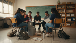 Un grupo de alumnos desarrolla un proyecto sostenible dentro del aula, buscando soluciones creativas para cuidar el medio ambiente.