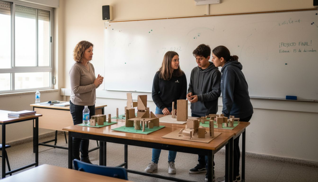 Una profesora acompaña a sus estudiantes en el aula mientras les plantea un desafío doble relacionado con el cuidado del planeta.