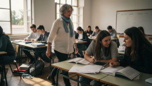 Numa sala de aula universitária cheia de energia, a professora acompanha atentamente os estudantes.