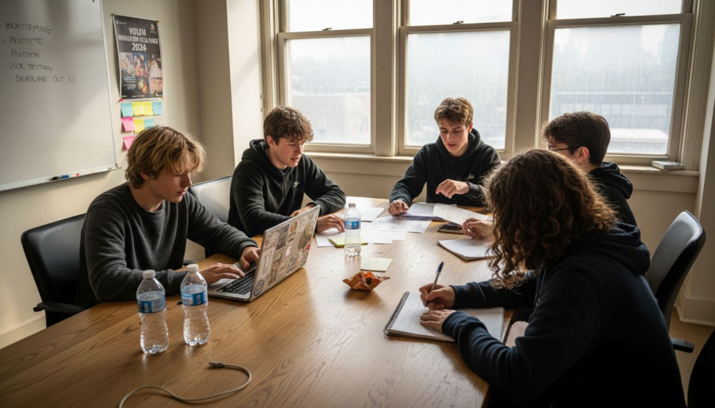 Teenagers preparing for innovation challenge