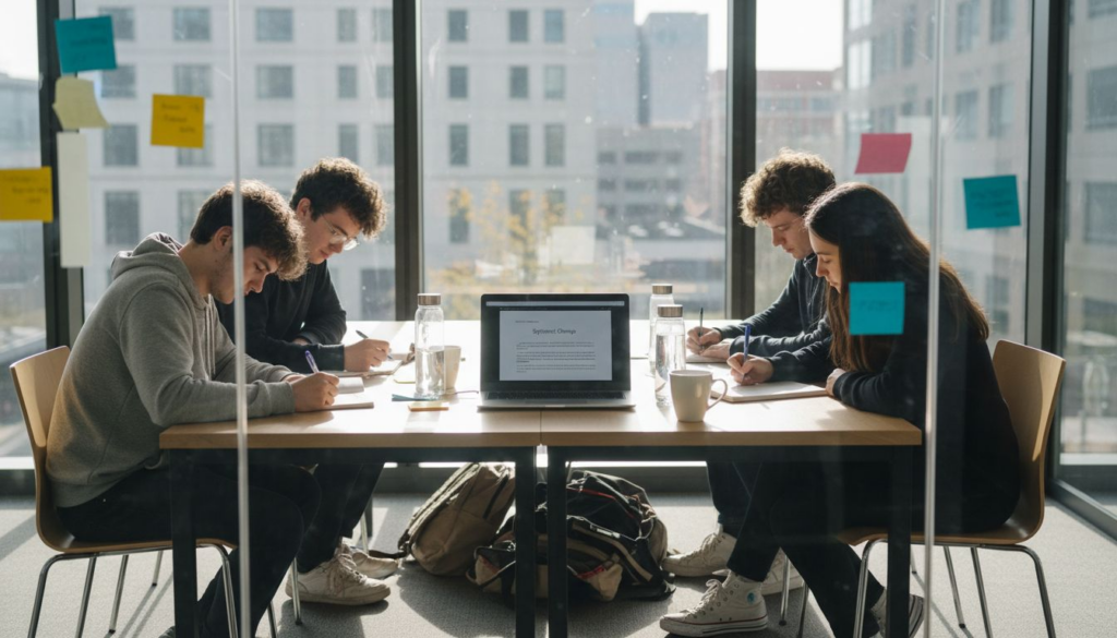 Youth team discussing sustainable innovation