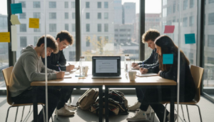 Youth team discussing sustainable innovation