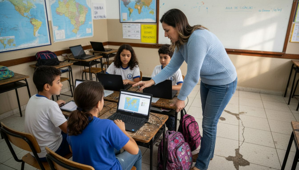 Ambiente escolar moderno, com estudantes utilizando recursos tecnológicos em sala de aula.