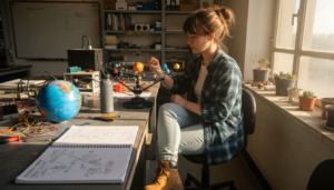 Un ingeniero analiza un modelo del sistema solar durante una investigación en el laboratorio.