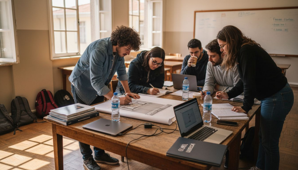 Alunos a trabalhar em conjunto numa mesa da sala de aula cheia de materiais e papéis espalhados