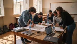 Alunos a trabalhar em conjunto numa mesa da sala de aula cheia de materiais e papéis espalhados