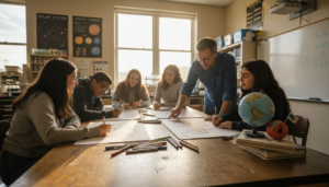Students and teacher working on Mars and Earth classroom project
