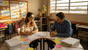 Professores se reúnem em volta da mesa da sala de aula para planejar juntos o conteúdo das aulas.