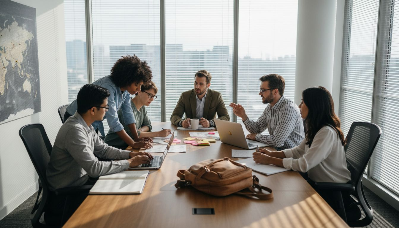 Diverse team collaborating in glass conference room
