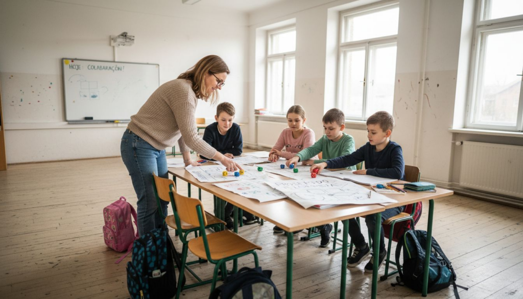 Professora acompanha e incentiva alunos em sala de aula com proposta inovadora