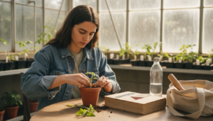 Estudiante trasplantando una planta en el invernadero de la universidad