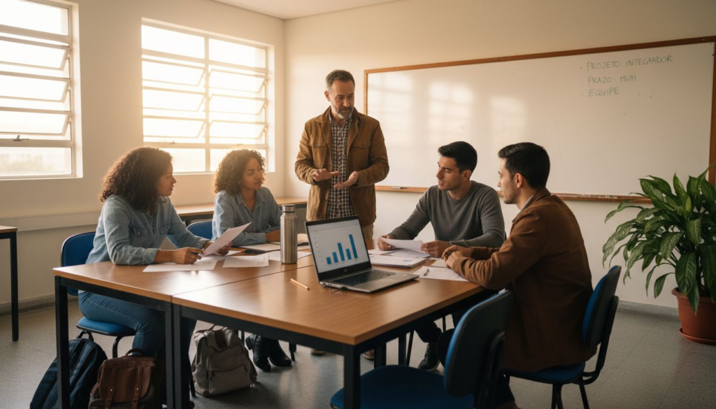Em uma sala de aula bem iluminada, professor e alunos trocam ideias e debatem sobre o tema do dia.