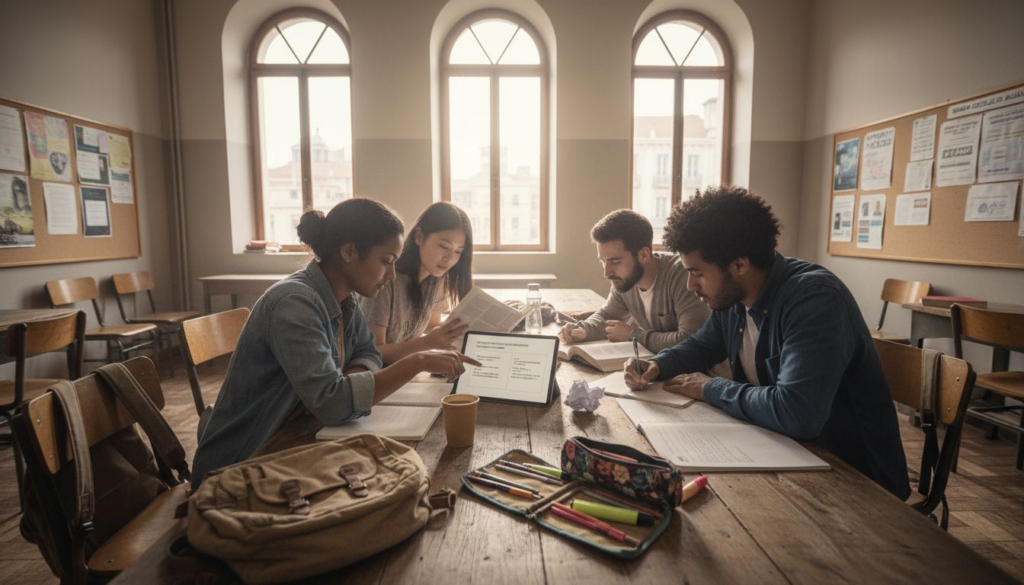 Alunos de diferentes origens trabalham em conjunto num projeto da turma.