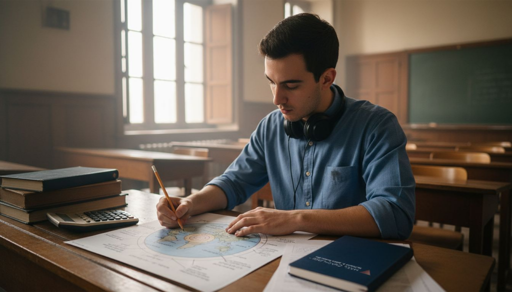 Un joven ingeniero dibuja el mapa del mundo sobre su escritorio.