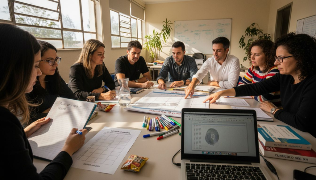 Educadores se reúnem em torno da mesa para planejar um projeto, usando uma checklist para organizar as tarefas.