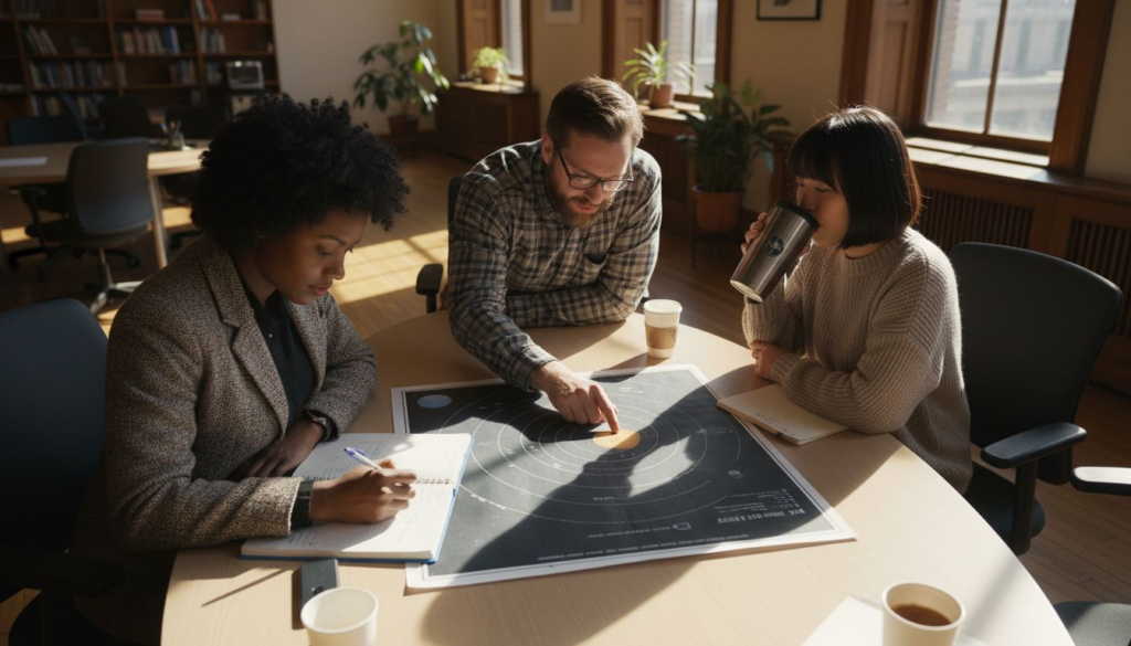 Educators studying planetary systems diagram together