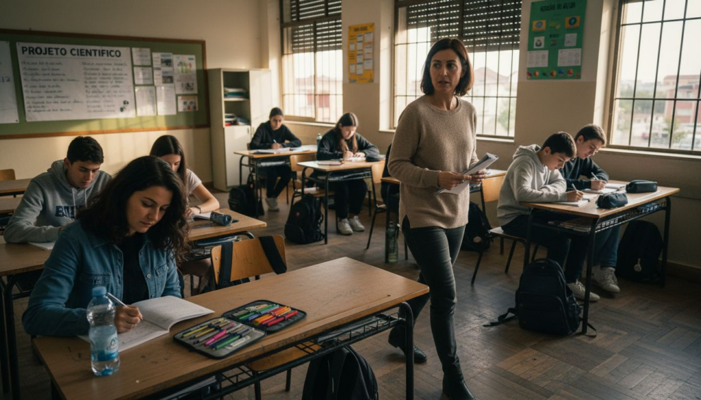 A professora acompanha atentamente o trabalho dos alunos em pequenos grupos.