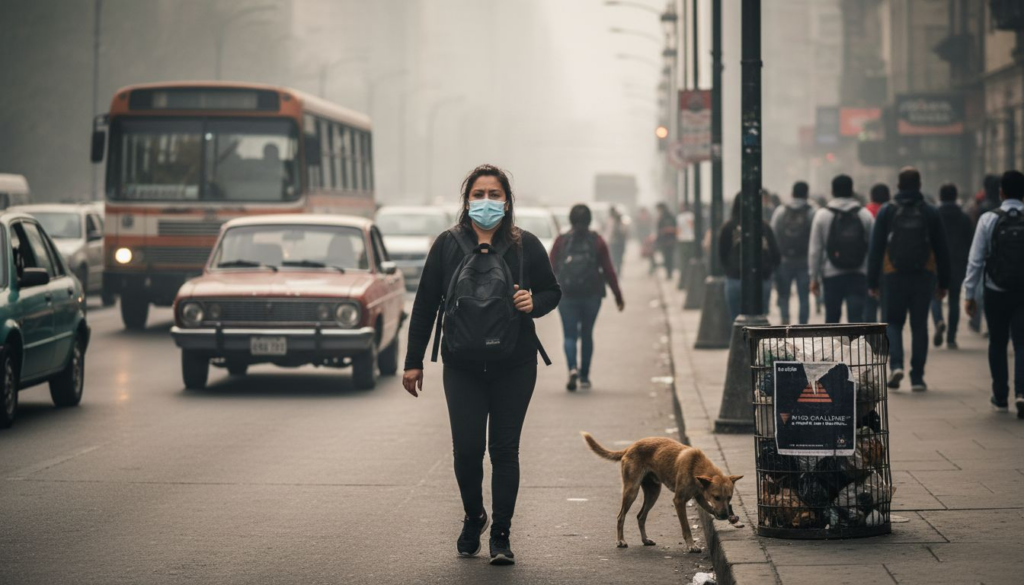 Una mujer lleva mascarilla mientras camina por las calles de una ciudad cubierta de smog.