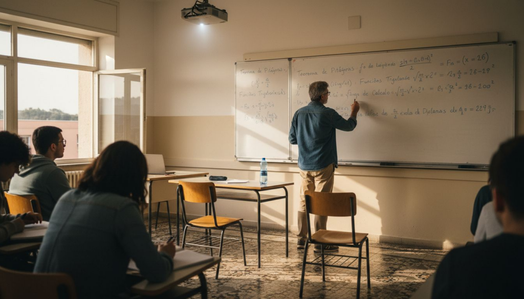 Docente português escreve no quadro branco durante uma aula universitária