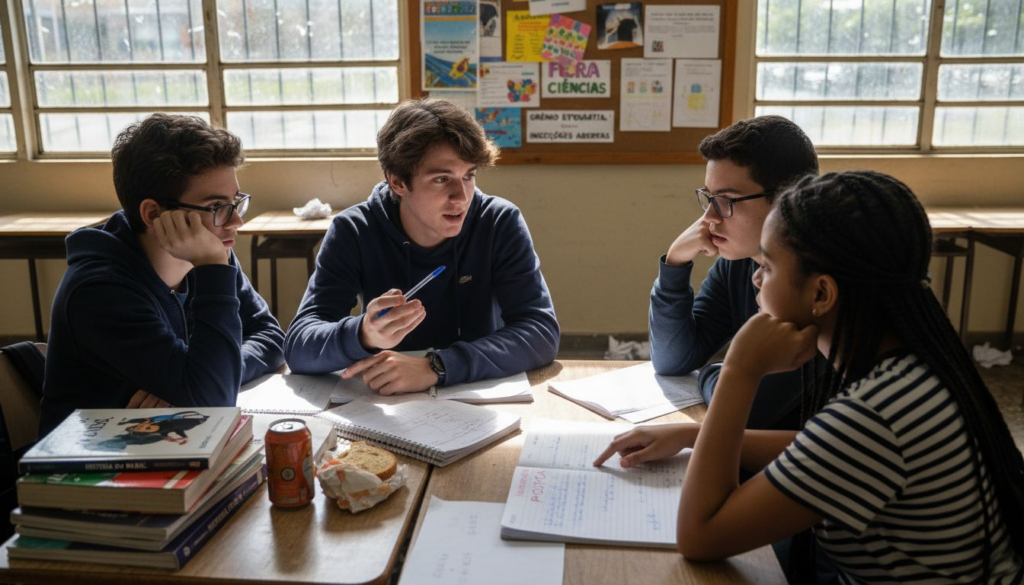 Alunos reunidos em volta de uma mesa, trocando ideias e trabalhando juntos em sala de aula.