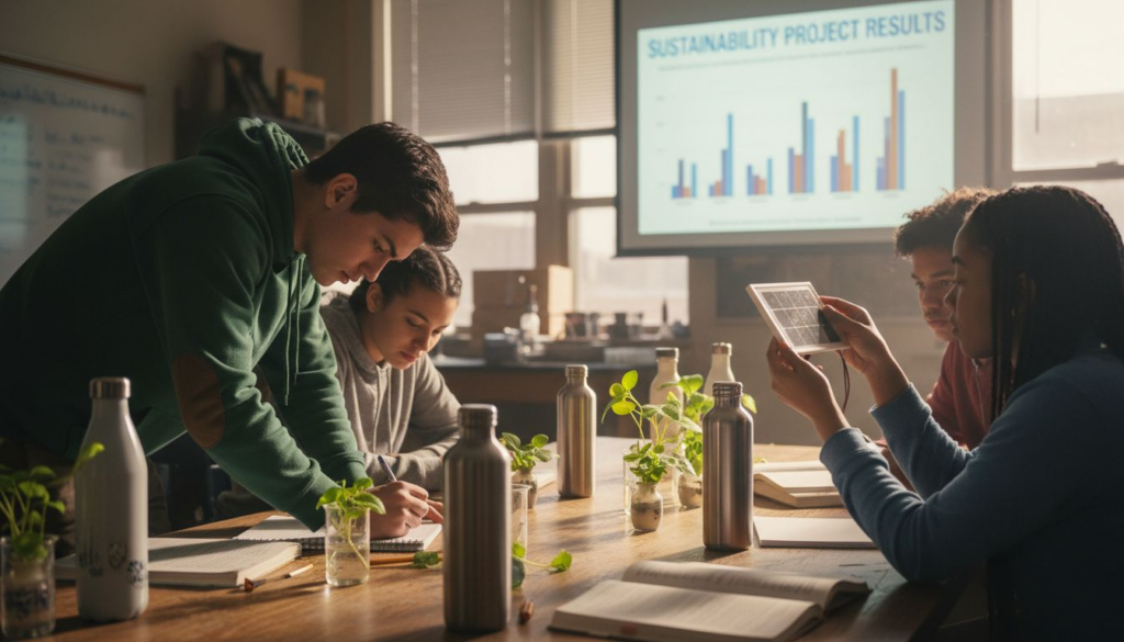 Students working on classroom sustainability experiment
