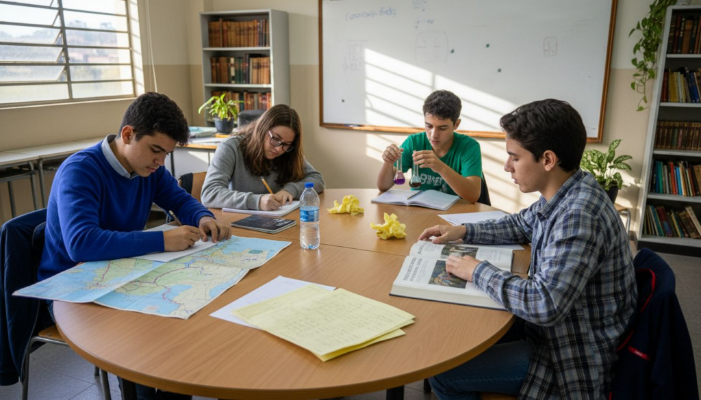Alunos trabalhando juntos em uma atividade interdisciplinar