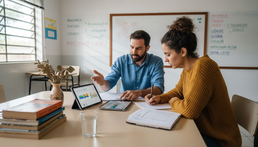 Educadores reunidos em sala trocando ideias sobre novas formas de ensinar