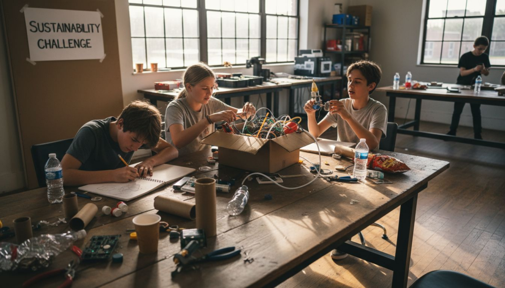 Teenagers collaborating Mars-Earth sustainability project