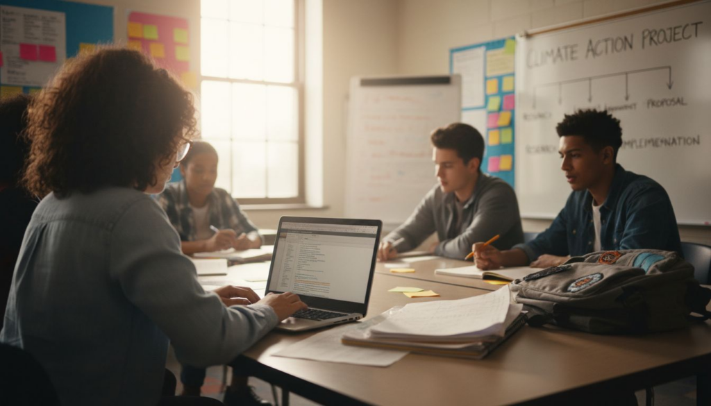 Students collaborating during climate education workshop