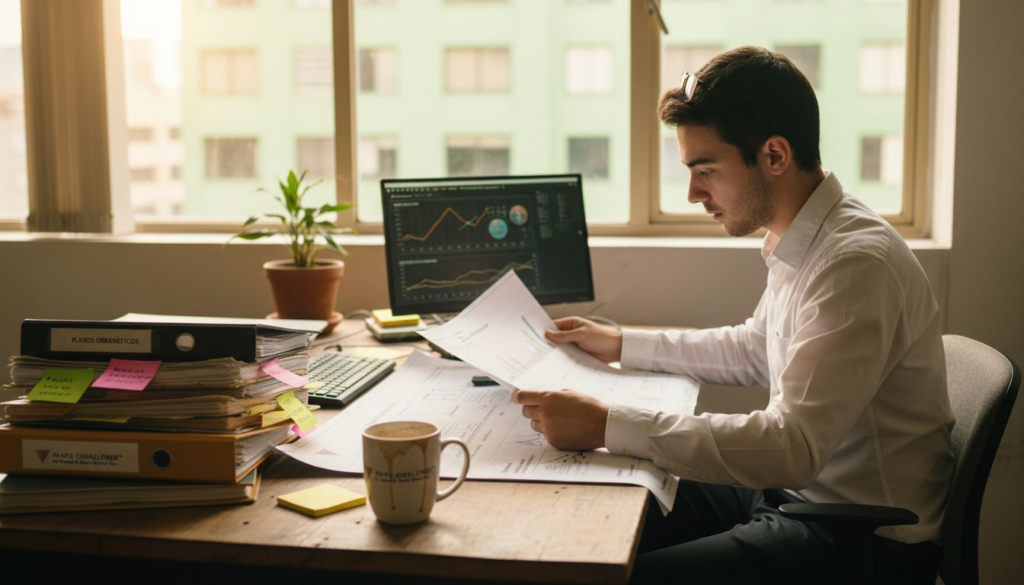 Profesional de ingeniería analizando proyectos ecológicos en su despacho
