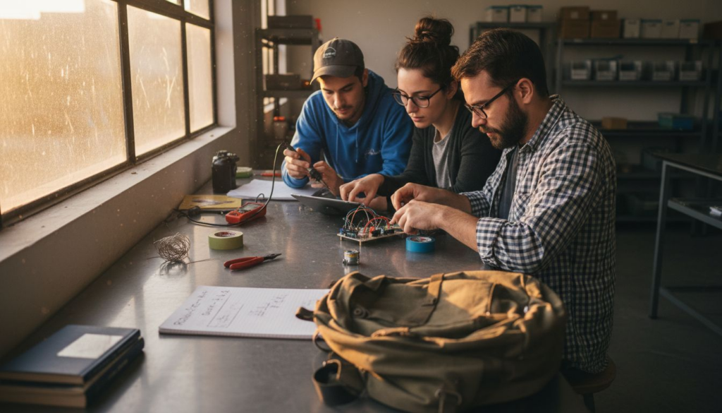 Alunos trabalhando juntos na bancada do laboratório, montando um protótipo.