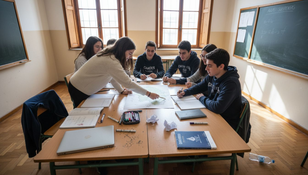 Os alunos trabalham em conjunto num projeto dentro da sala de aula.