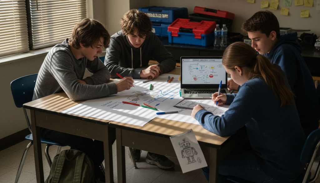 Teens sketching system diagrams in science lab
