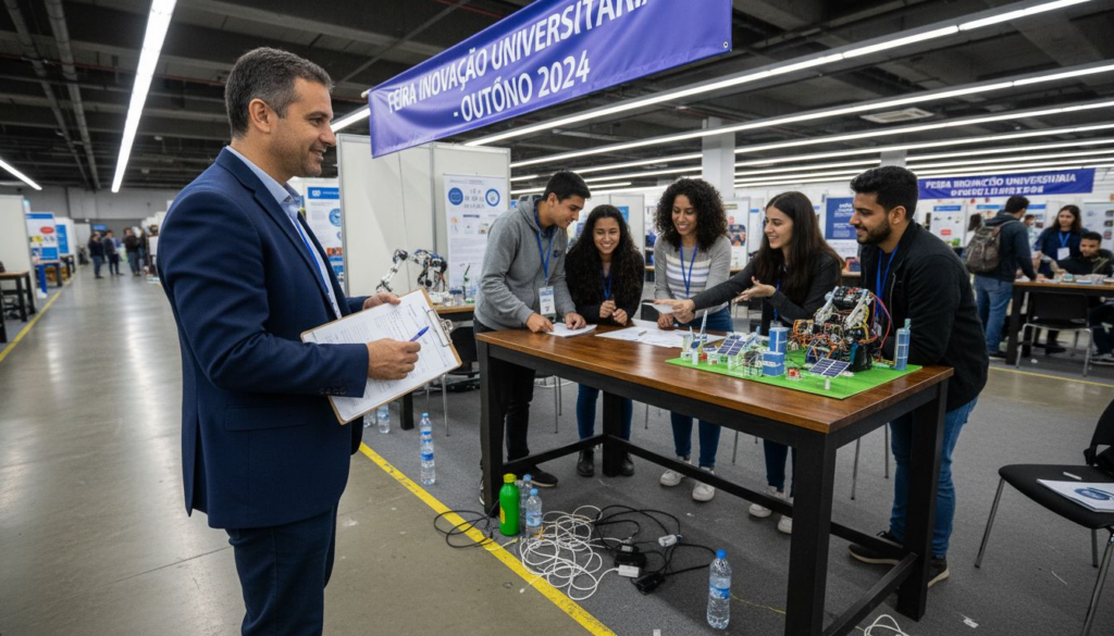 Professor acompanhando os alunos durante a feira internacional