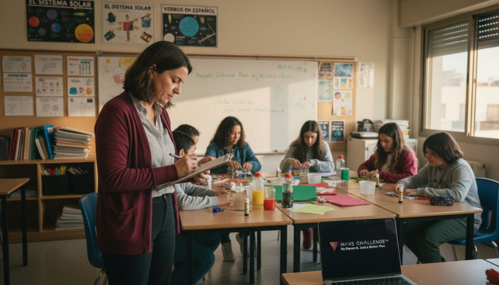 Docente revisando la lista de verificación en el aula