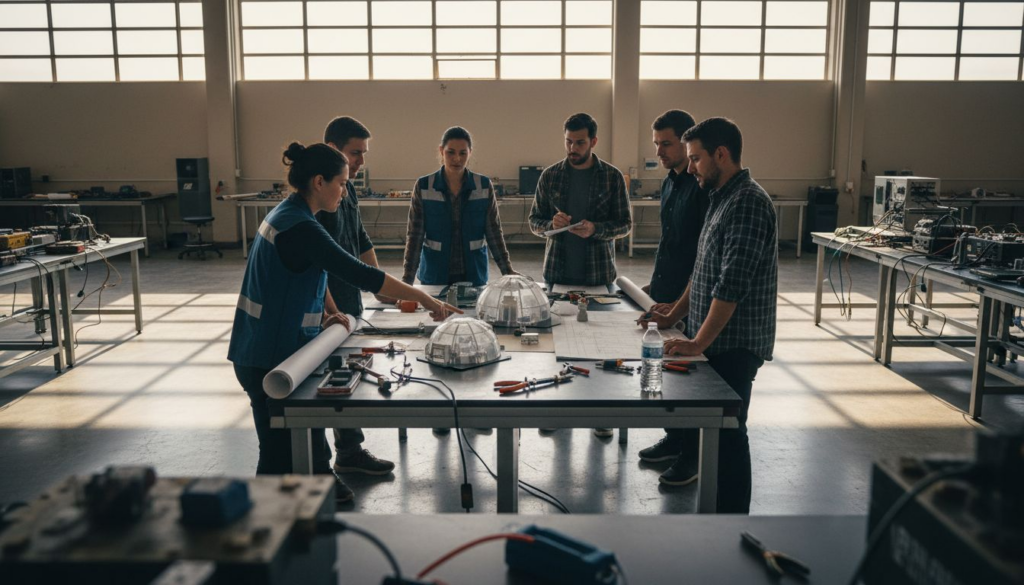 Team engineers discuss Mars habitat model