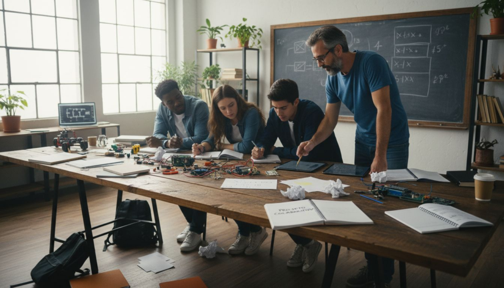 Professor e alunos construindo o conhecimento juntos em sala de aula