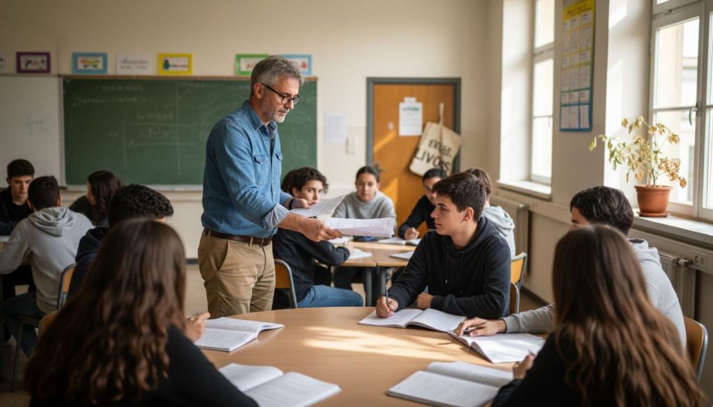 O professor distribui fichas aos alunos numa sala de aula cheia de movimento.