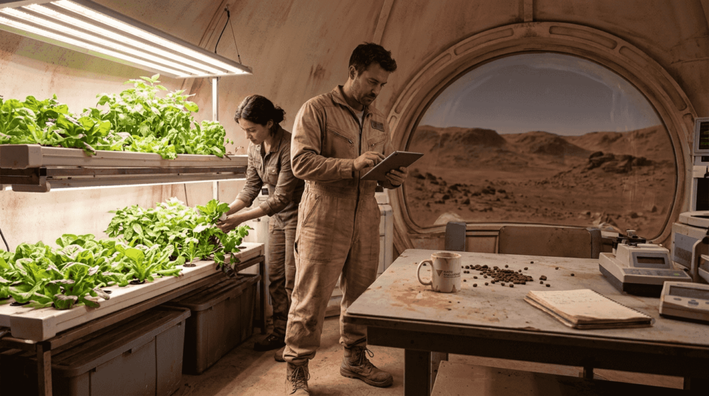 Especialista en ingeniería y botánica viviendo y trabajando en un hábitat dentro de una cúpula en Marte.