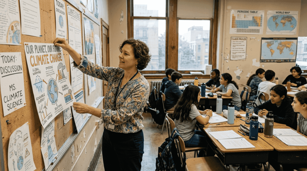 Teacher pinning climate chart in classroom