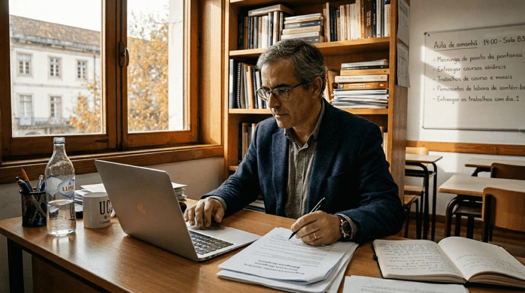 Docente a preparar e ajustar conteúdos para um curso online, numa sala de aula universitária.