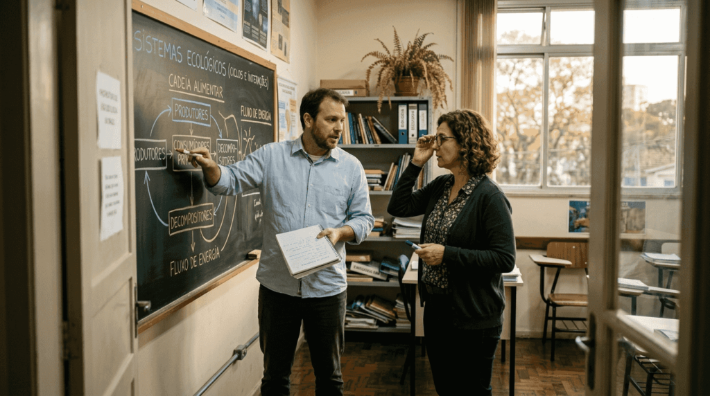 Professores discutem o funcionamento de sistemas usando um diagrama durante a aula.