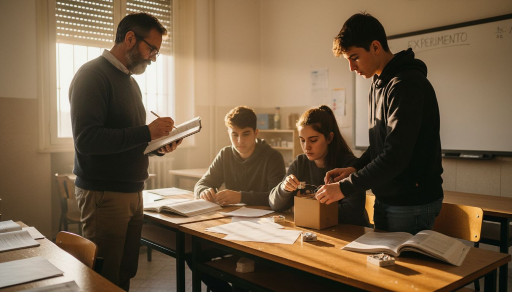Professor acompanha e orienta os alunos durante a aula.