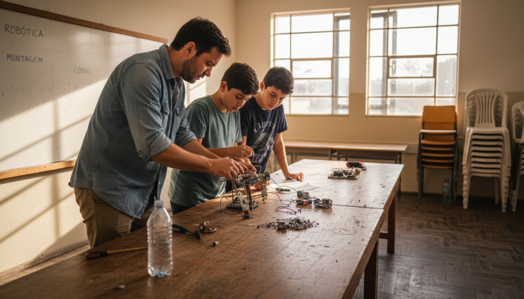 Professor e alunos a construir robôs juntos na sala de aula