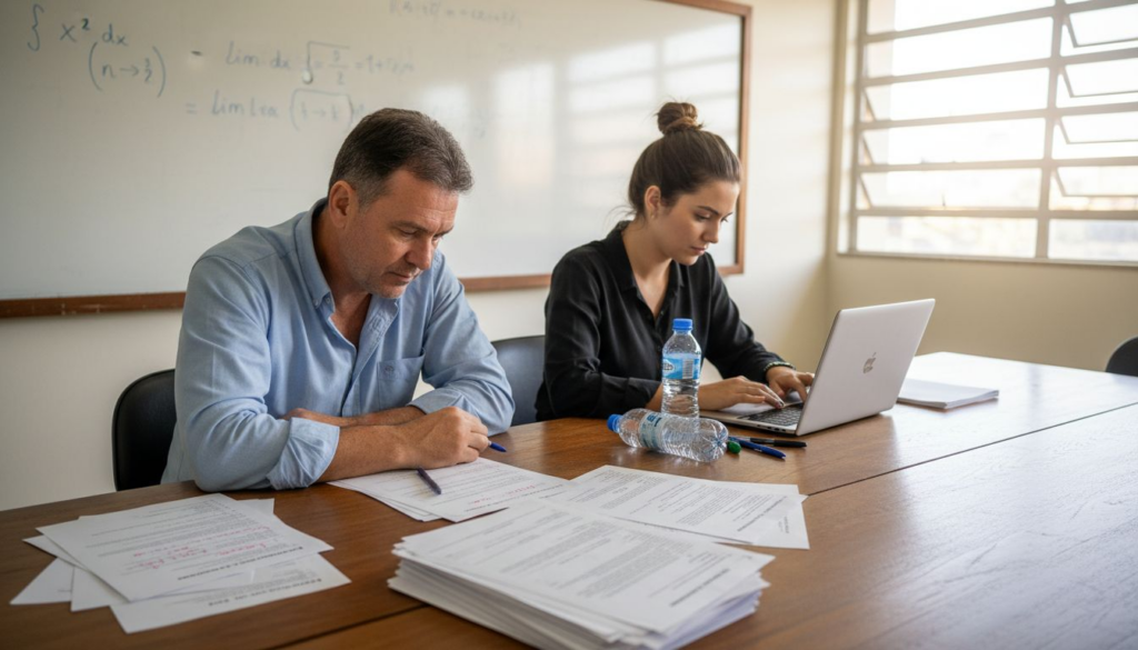 Os professores trabalham juntos na sala, rodeados de folhas e materiais espalhados pela mesa.