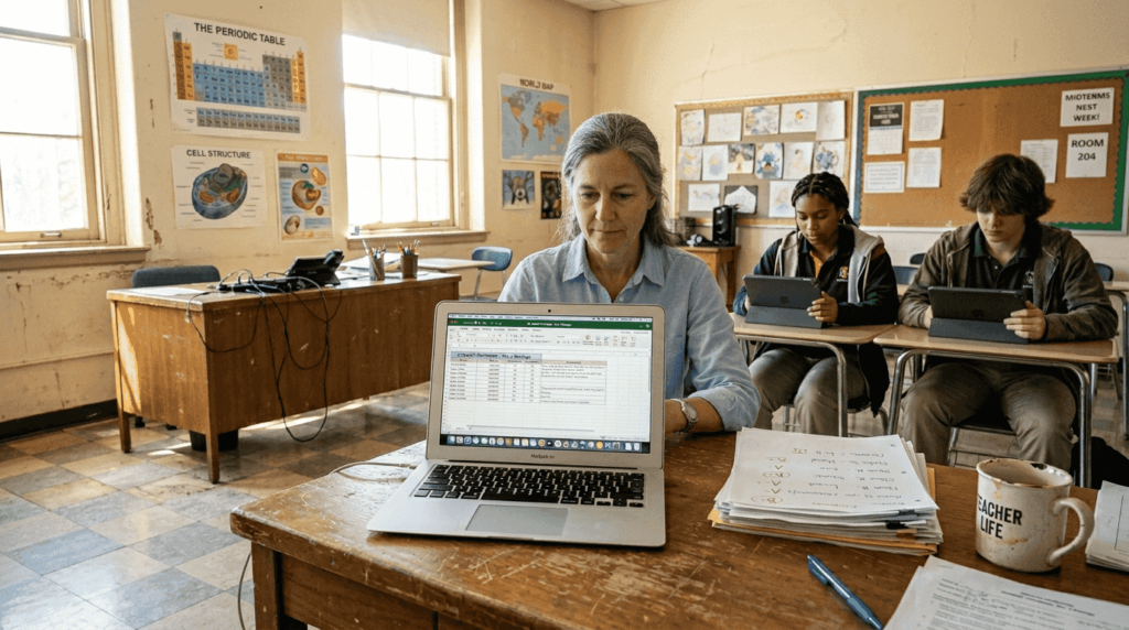 Teacher monitoring AI-driven learning in classroom