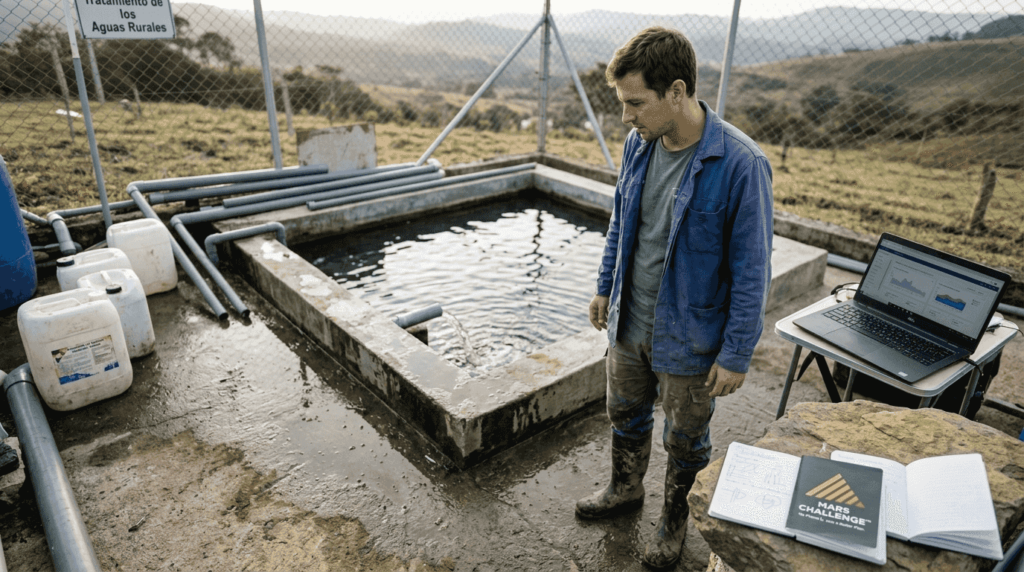 Especialista supervisando el funcionamiento de la planta de tratamiento de agua