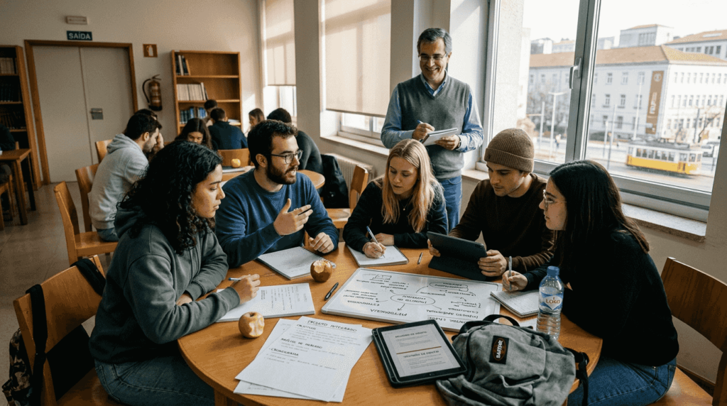 Professor e alunos a debater um trabalho em grupo