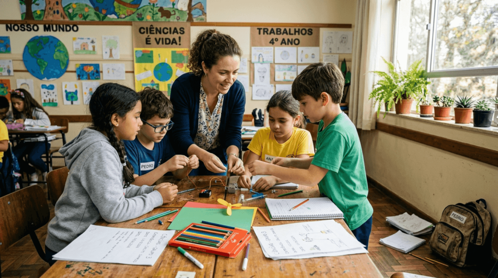 Professora acompanha e orienta os alunos durante atividade prática