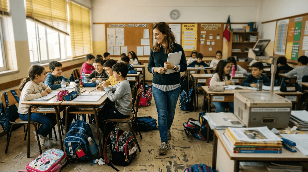 A professora acompanha atentamente os alunos enquanto trabalham em conjunto na sala de aula.